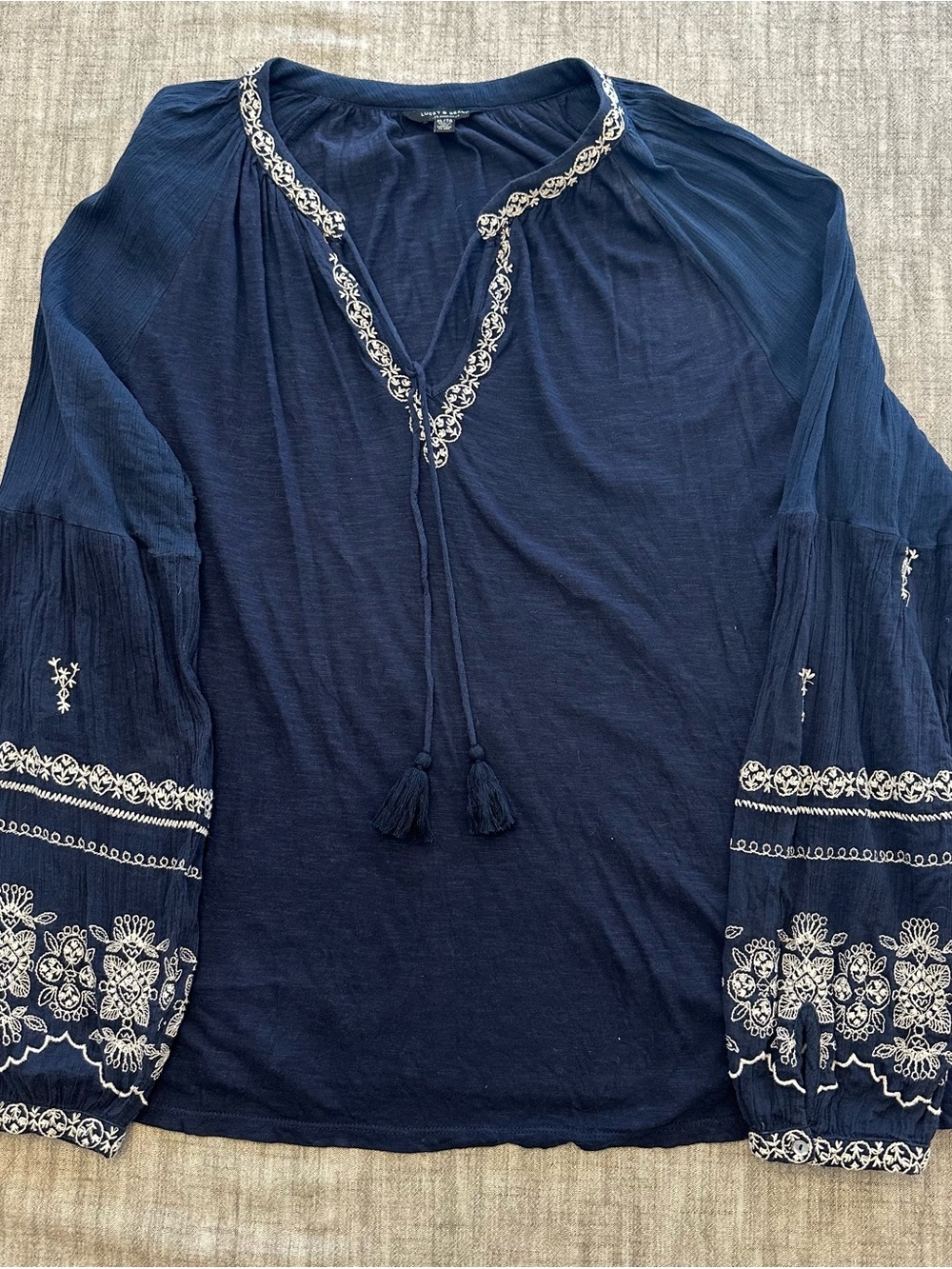 Lucky Brand Navy Peasant Tunic with White Embroidery